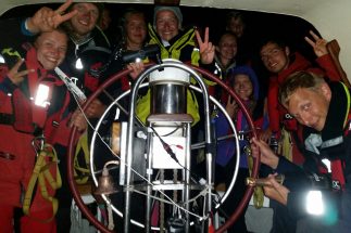 Spaniel crossing finish line Tall Ships Races 2016