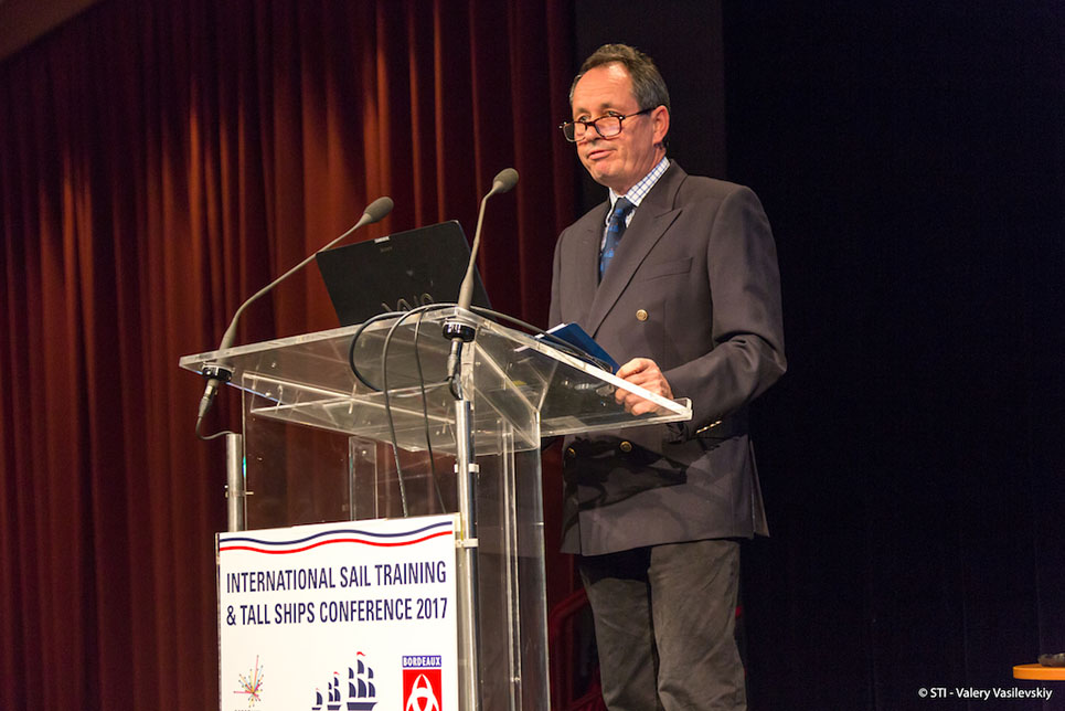 Paul Bishop presents the International Sail Training and Tall Ships Annual Awards ceremony in Bordeaux, France.
